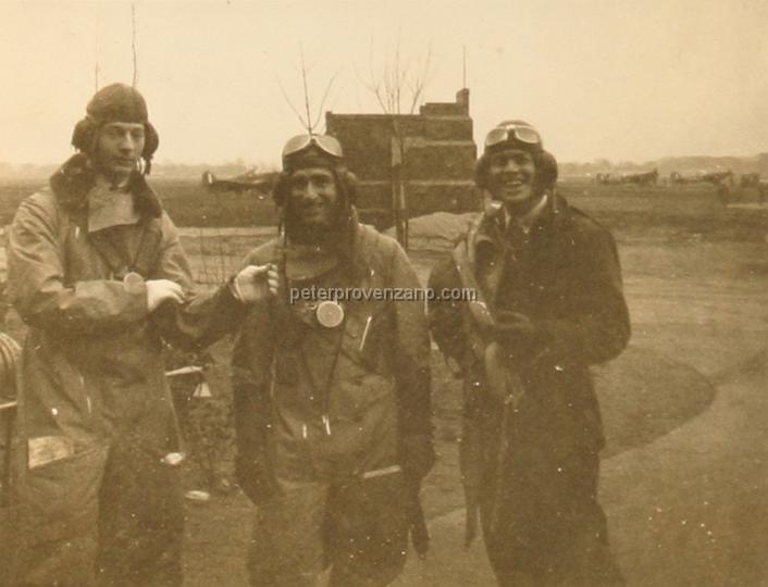 Peter Provenzano Photo Album Image_copy_049.jpg - From left to right: Nathan Maranz, Peter Provenzano, and Victor Bono in flight gear.  Hawker Hurricanes in background.  RAF Station Tern Hill, fall of 1940.